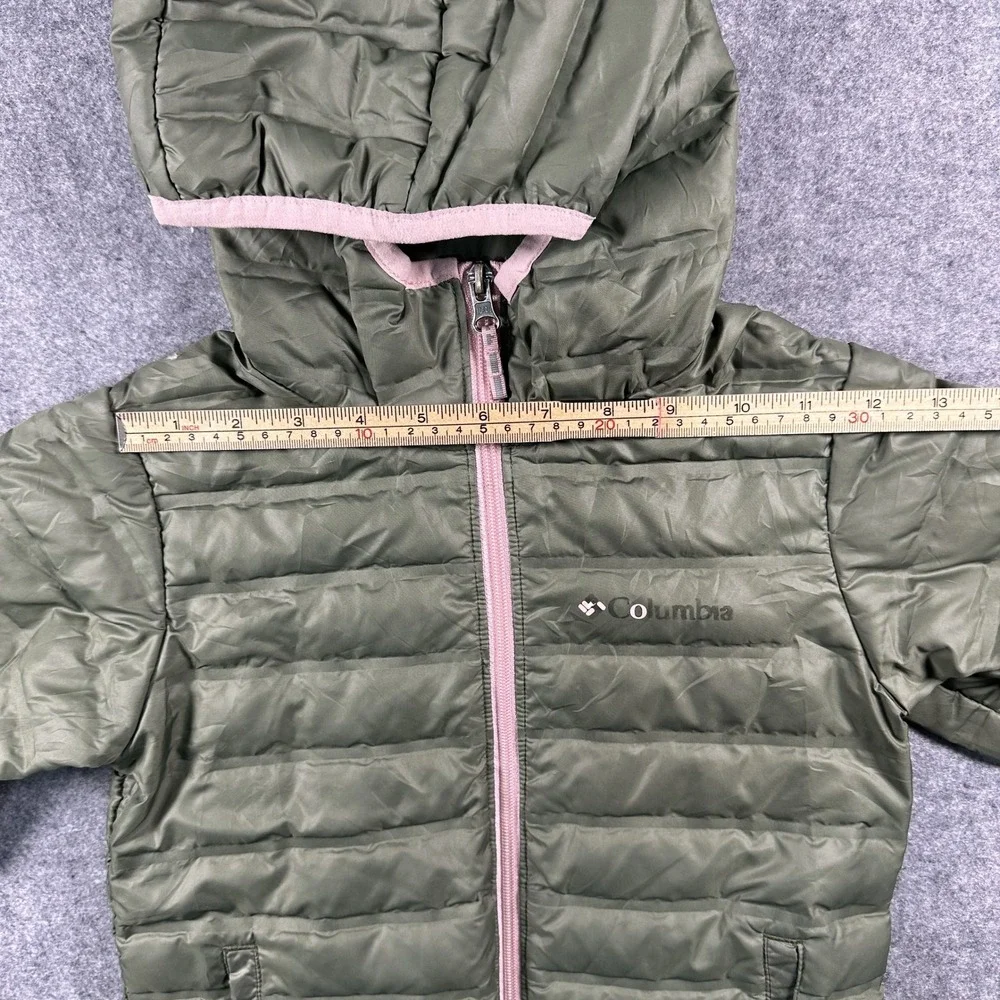 Columbia Puffer Jacket XS Olive Green Pink Trim Insulated Hooded